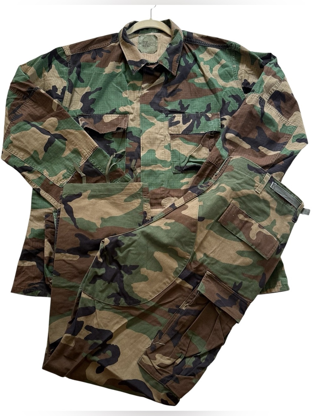 Vintage 90s Military Woodland Camo BDU Set Long Coat & Pants Mens Large Regular